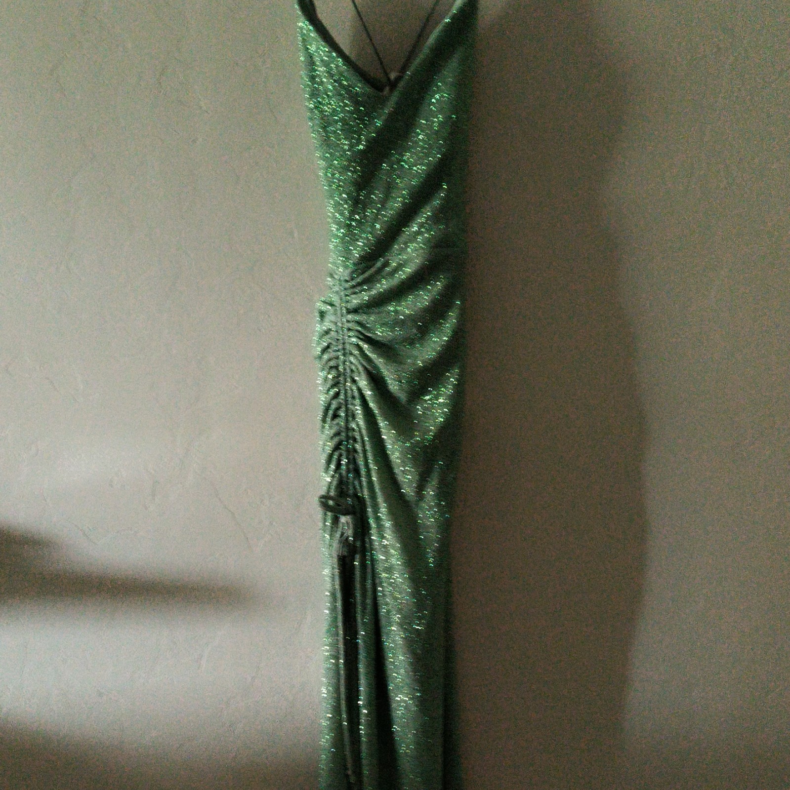 Windsor S Green Glitter Ruched Maxi Dress V-Neck Strappy Side Slit SIZE XS