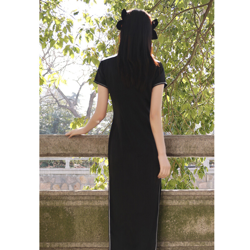 Chinese Traditional Oriental Dress Summer Black Modern Elegant Cheongsam Qipao