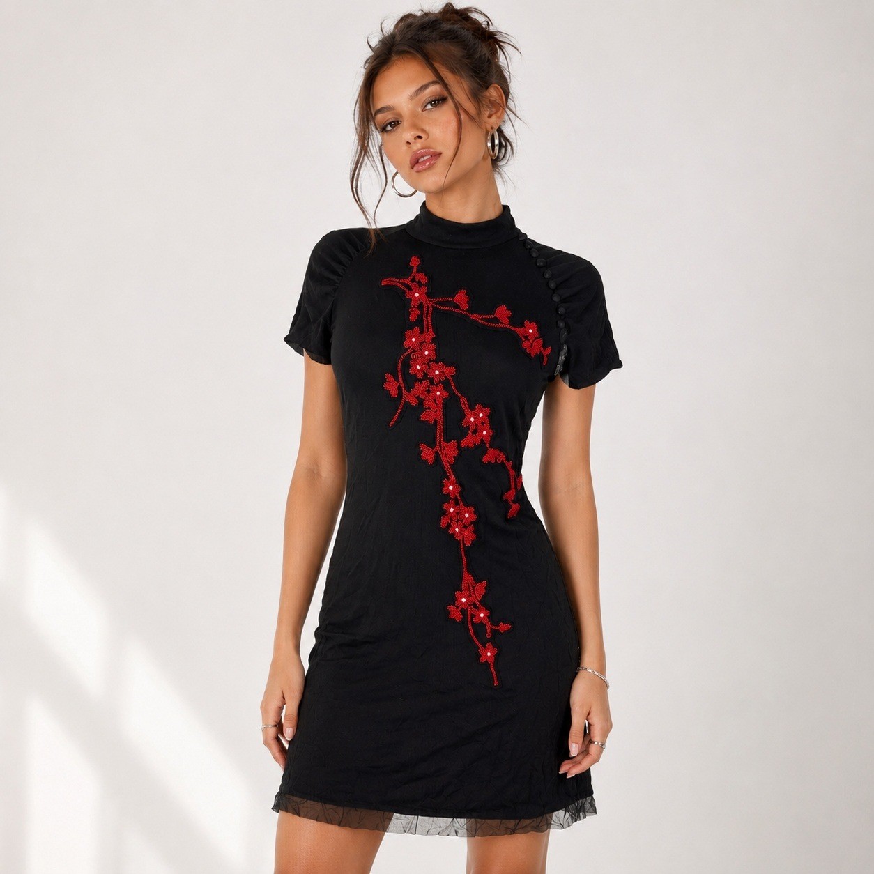 Vtg Vivienne Tam Dress Womens M Black Beaded Floral Sheer Mesh Overlay Y2K Asian