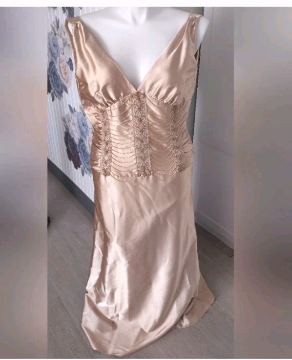 Jessica McClintock Vtg Beaded sz 12 8-10? Blush Gold Satin Dress Maxi Stunning