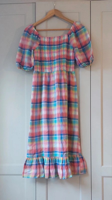 Roman multicolour candy rainbow check print midi dress with puff sleeves | Sz 10