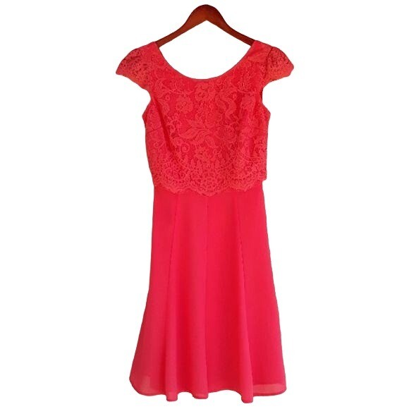 Review Dress Vintage Inspired Lace Cap Sleeve Sheer Skater Skirt Coral Sz 6