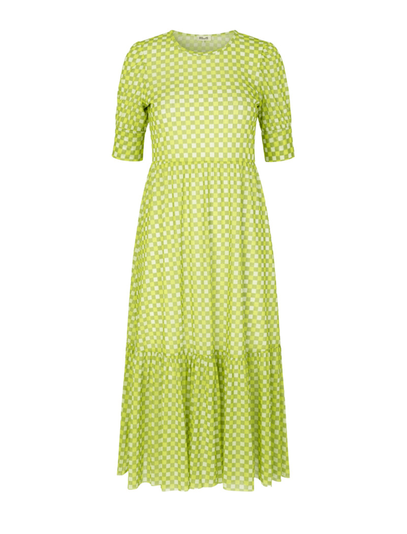 BAUM UND PFERDGARTEN Jocelyn Puff Sleeve Midi Tiered Mesh Green Check Sulphur XS