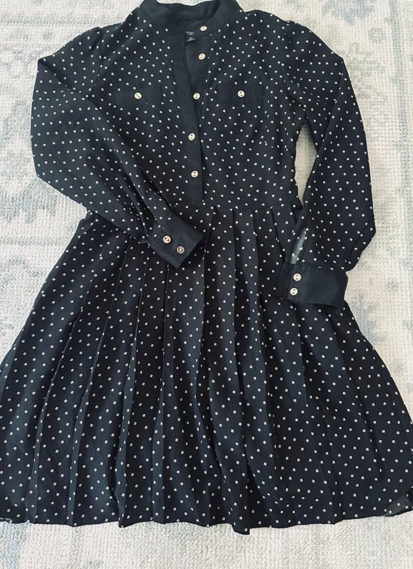 Ann Taylor Petite Long Sleeve Pleated Shirtdress in Black and Gold Dot Print