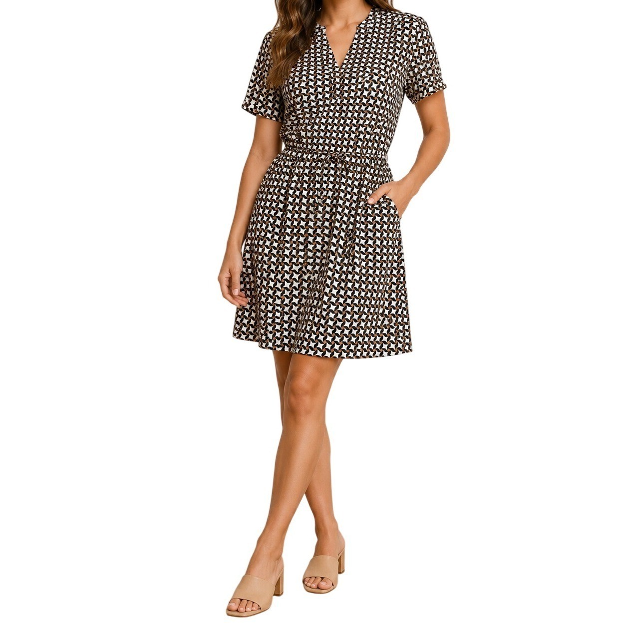 Johnston & Murphy Geometric Print Dress Womens XS Black Tan V-Neck Belted