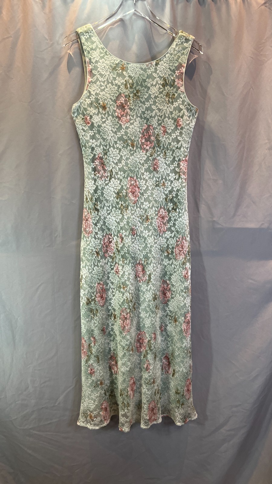 Connected Apparel Maxi Dress Womens 10 Green Floral Lace Sheer Overlay Romantic