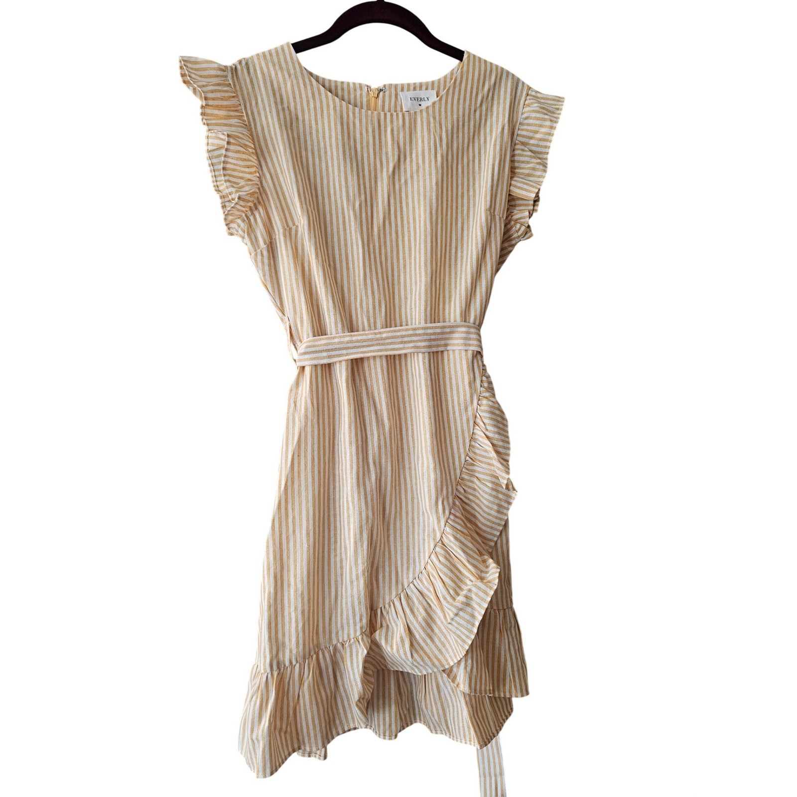 Everly Ruffle Stripe Dress Women Size M Yellow White Mini Sun Dress