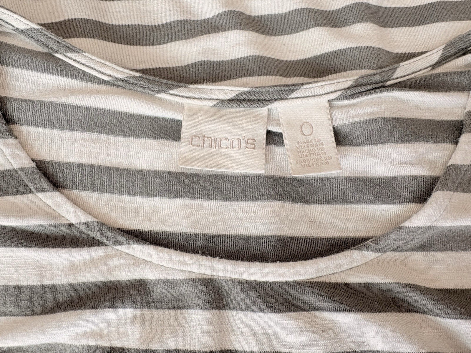 Chico’s 0 Small Dress Grey White Stripe Diagonal Tiers TShirt Style Cap Sleeves