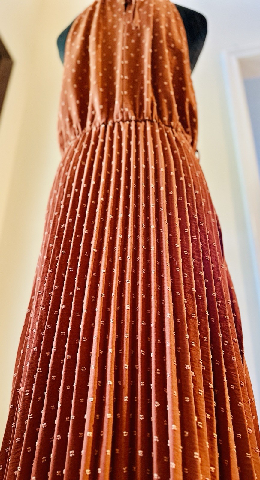 PrettyGarden NWT Chic Burnt Orange Swiss Dot Pleated Tie Waist Halter Dress Sz L