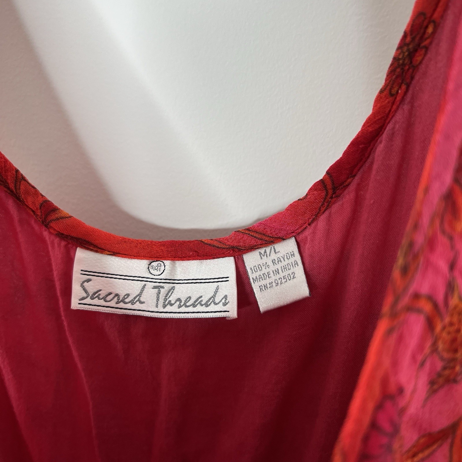 Sacred Threads Dress Womens M/L Red Chiffon Floral Boho Layered Festival India