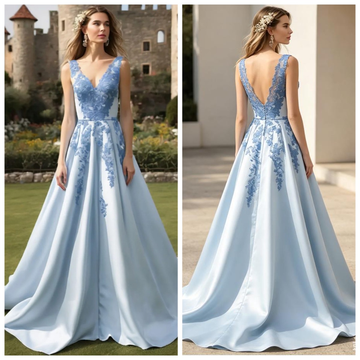 Light Blue V-neck Ball Dress Sleeveless Zipper A-line Satin Decal Evening Gown