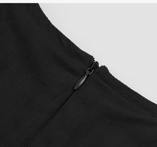 CHARTOU Black Cotton Linen Solid A-Line Mini Dress M Sleeveless V-Neck Zip