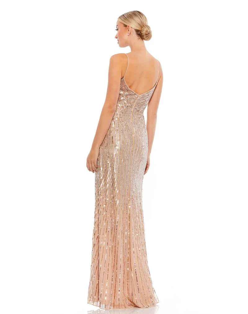 Mac Duggal Gold Nude Sequin Beaded Spaghetti Strap Gown Dress Size 12 $498