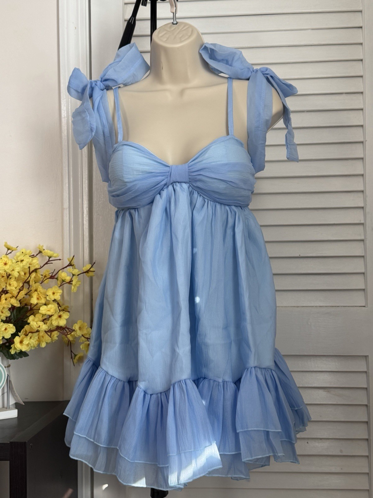 Women’s Blue Solid Sweetheart Strappy Sleeveless Ruffle Tiered Sundress