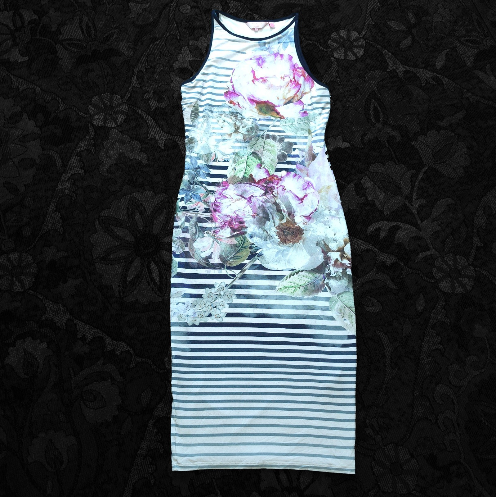 Ted Baker Laya Peony Sleeveless Floral Striped Bodycon Dress Size 3/US 8 EUC