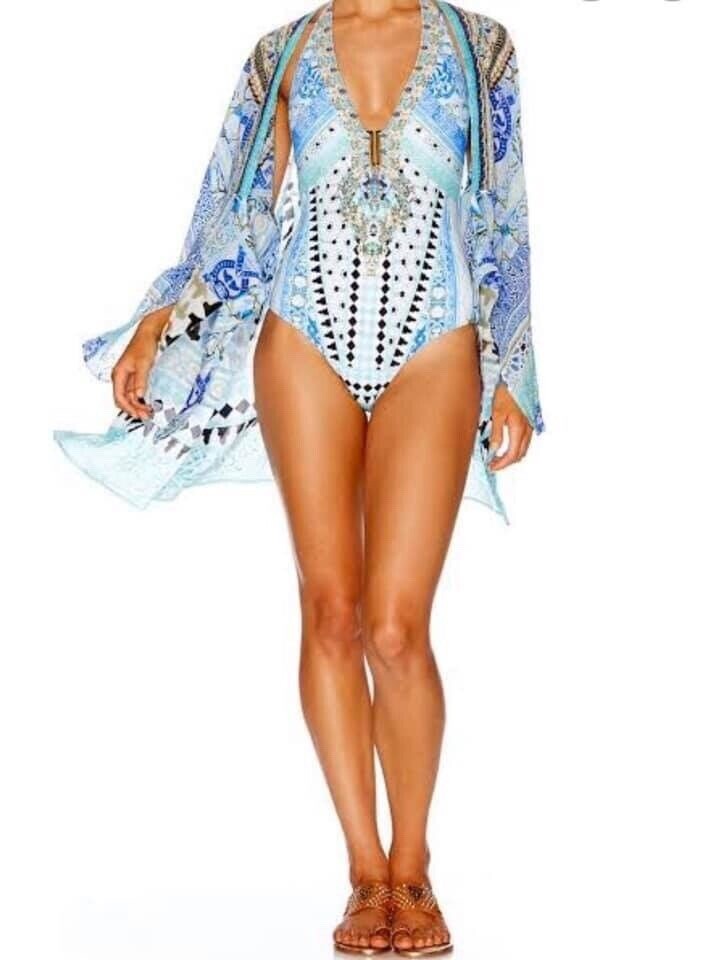 Camilla Andalusia Kimono Sleeve Silk Cover Up Kaftan Dress W/ Tie & Crystals 2/M