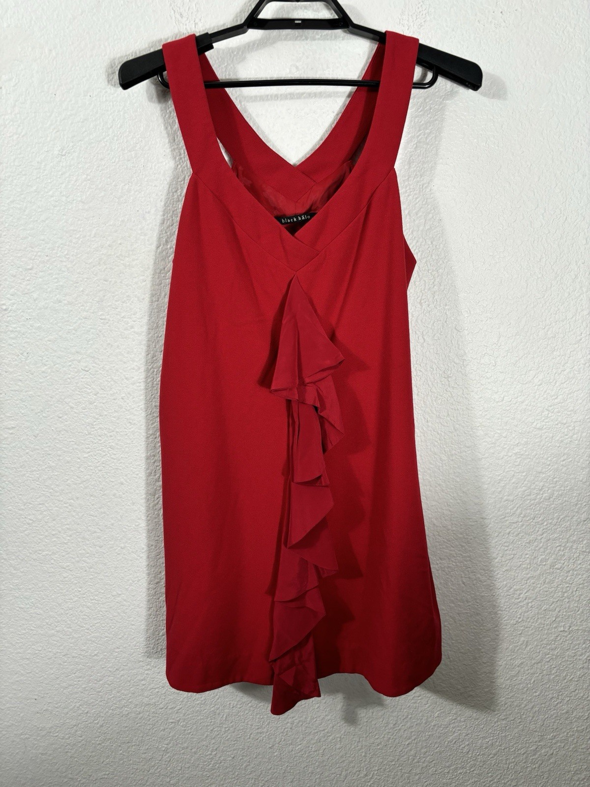 Black Halo Mini Dress Size M Red Sleeveless Ruffled Pockets Polyamide Blend