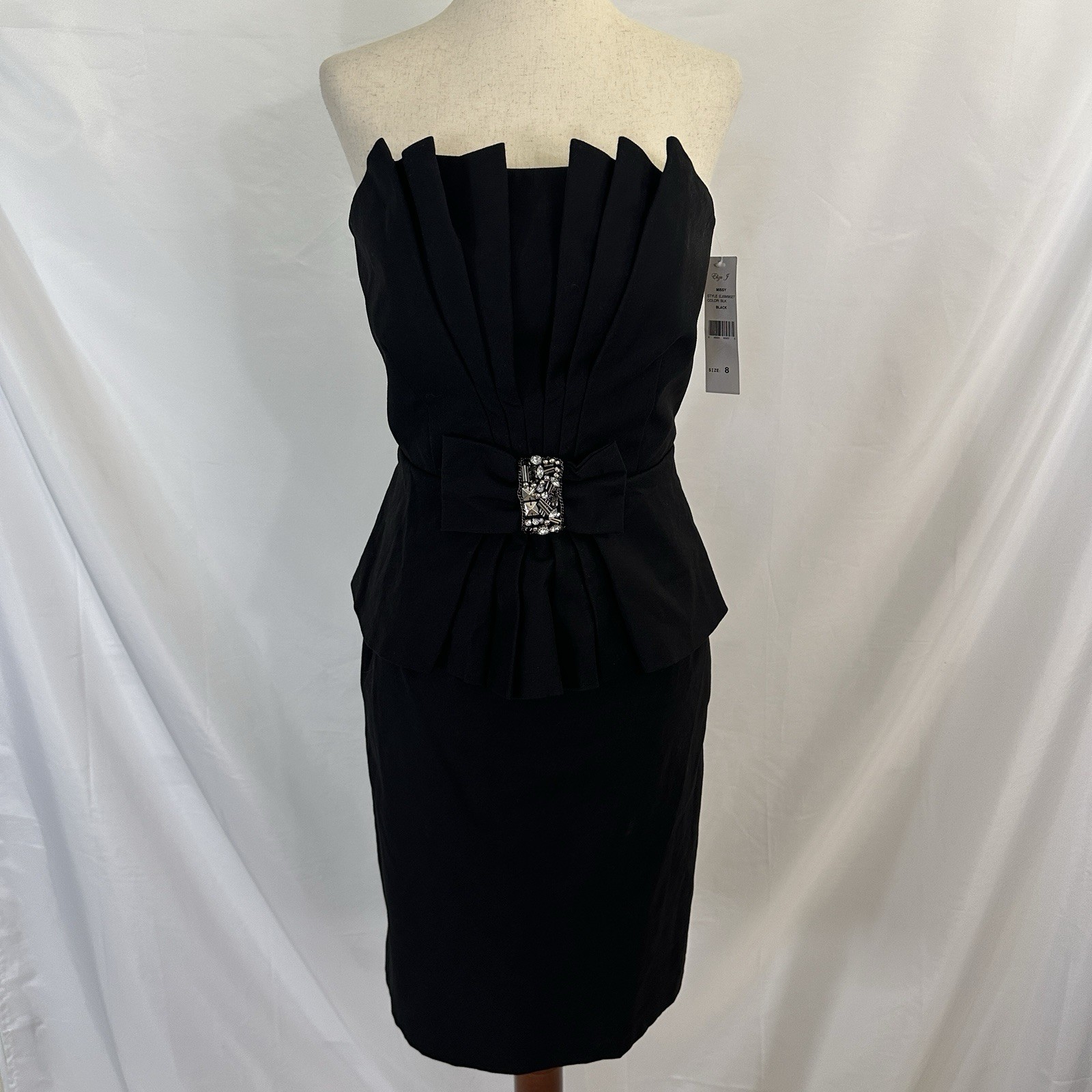 NWT Eliza J Black Strapless Peplum Cocktail Dress 8 Beaded Bow