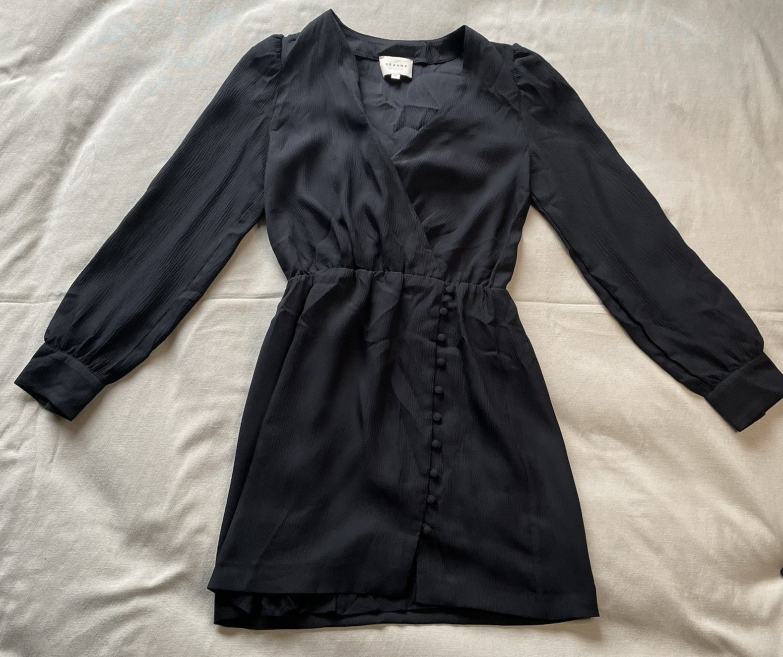 Sézane Black Long Sleeve Dress V-Neck Button Front Size 34(EU) Made in Bulgaria