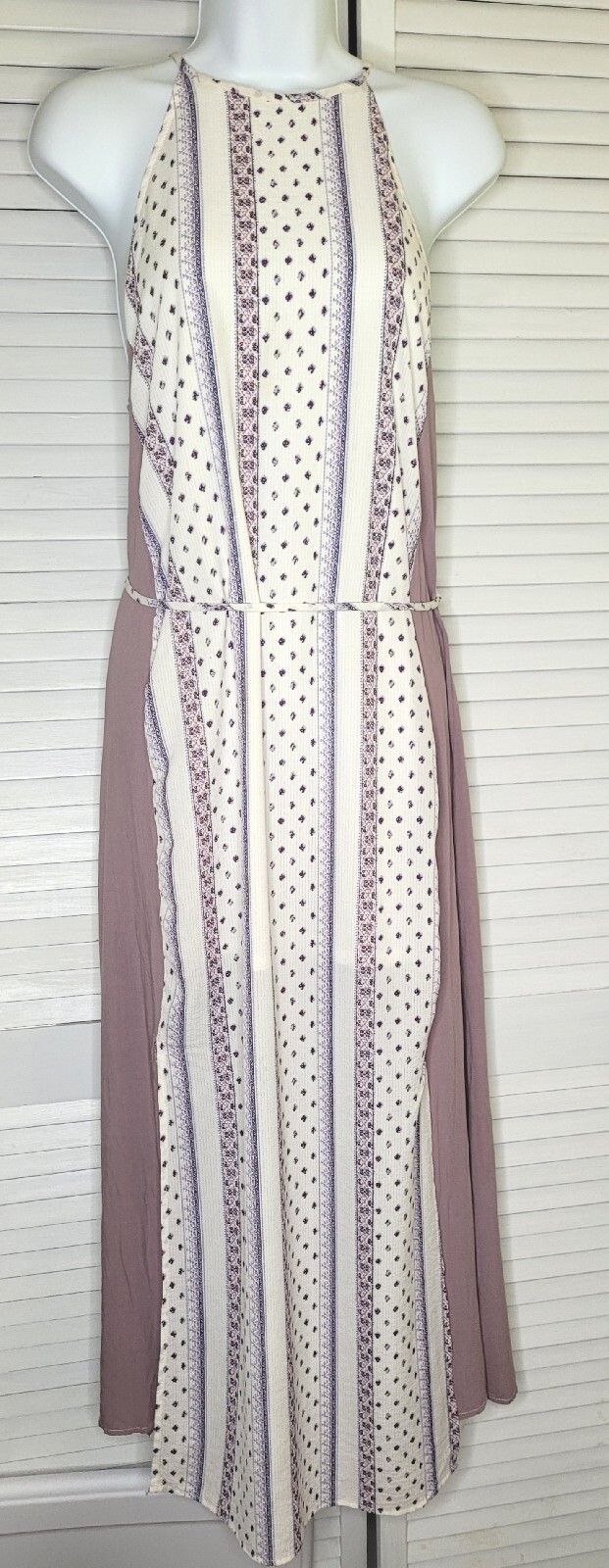 L Love Ivory & Lavender Maxi Halter Sun Dress Lined Bodice Side Slits SMALL