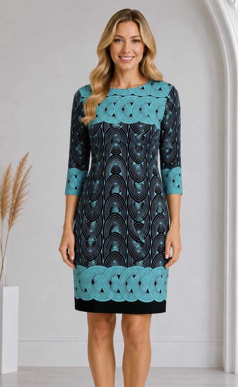 Womens Geo Print Sheath Dress Size 6 Soft Stretch Brushed Knit Summer Chic