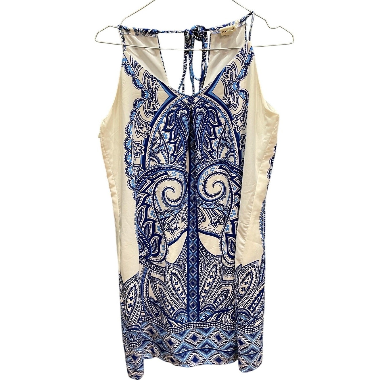 Pink Owl Blue & White Mini Shift Dress Strappy Sleeveless Back Tie Large Beach