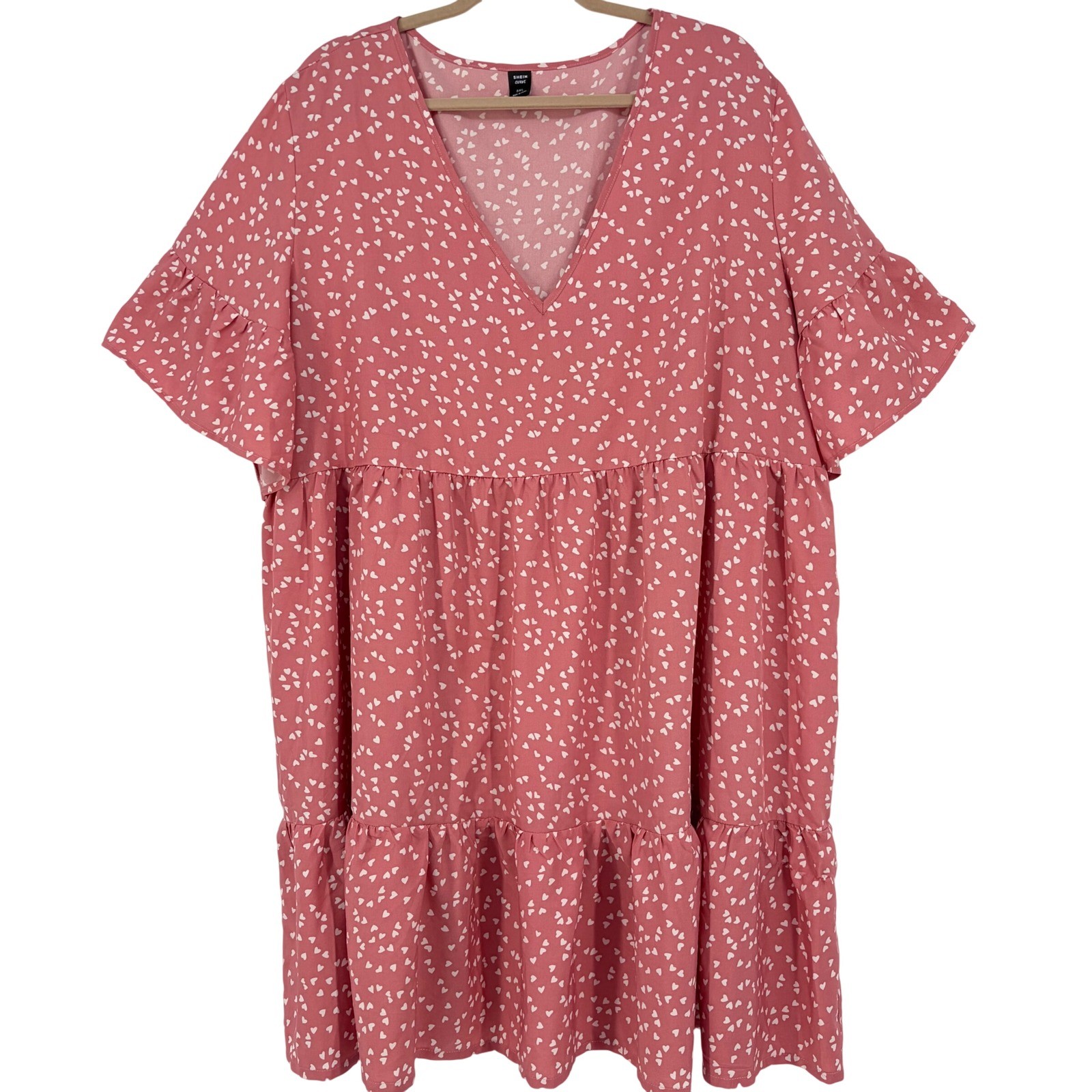 Shein Curve Dress 3XL Pink Heart Print Tiered Ruffle Sleeve Babydoll Coquette