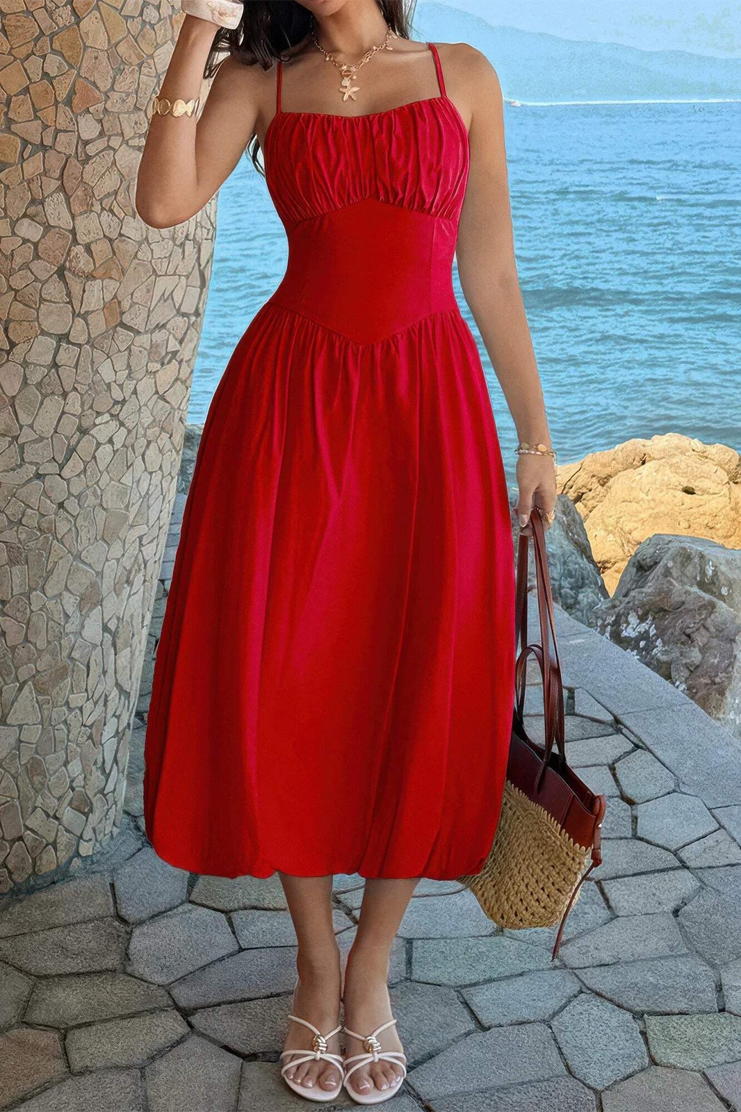 Women’s Square Neck Sleeveless Ruched Bust A-Line Midi Dress Open Back