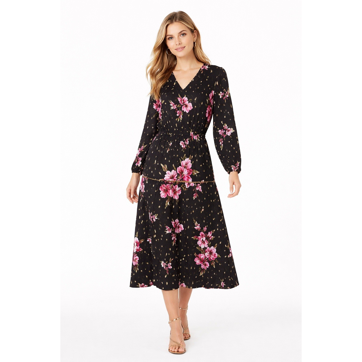 WHBM Outlet Womens 8 Floral Midi Dress Stretch Waist Black Gold Pink Modest