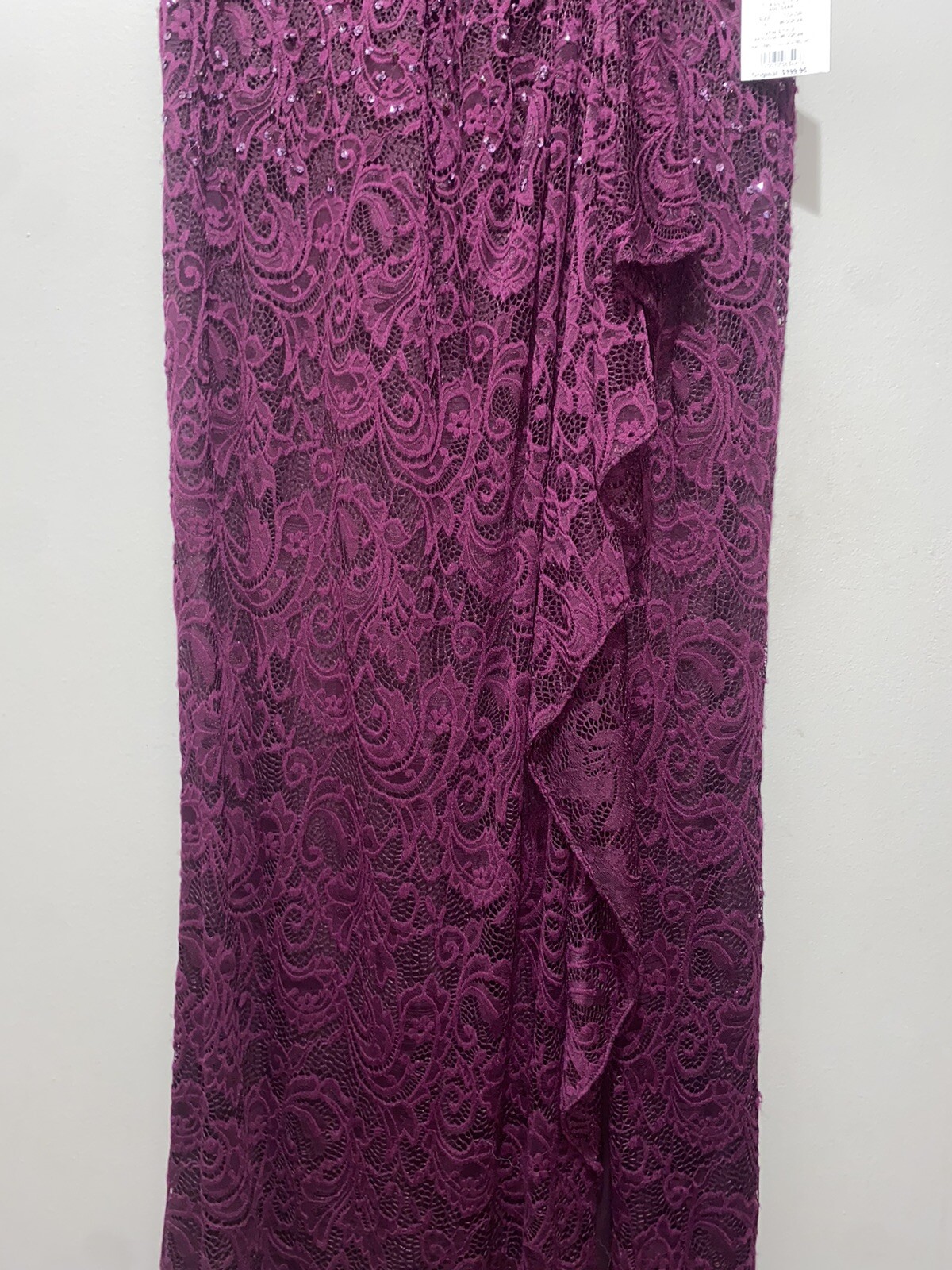 NWT Adrianna Papell Floor Length Lace Dress w/ Draped Skirt, Eggplant, sz 14