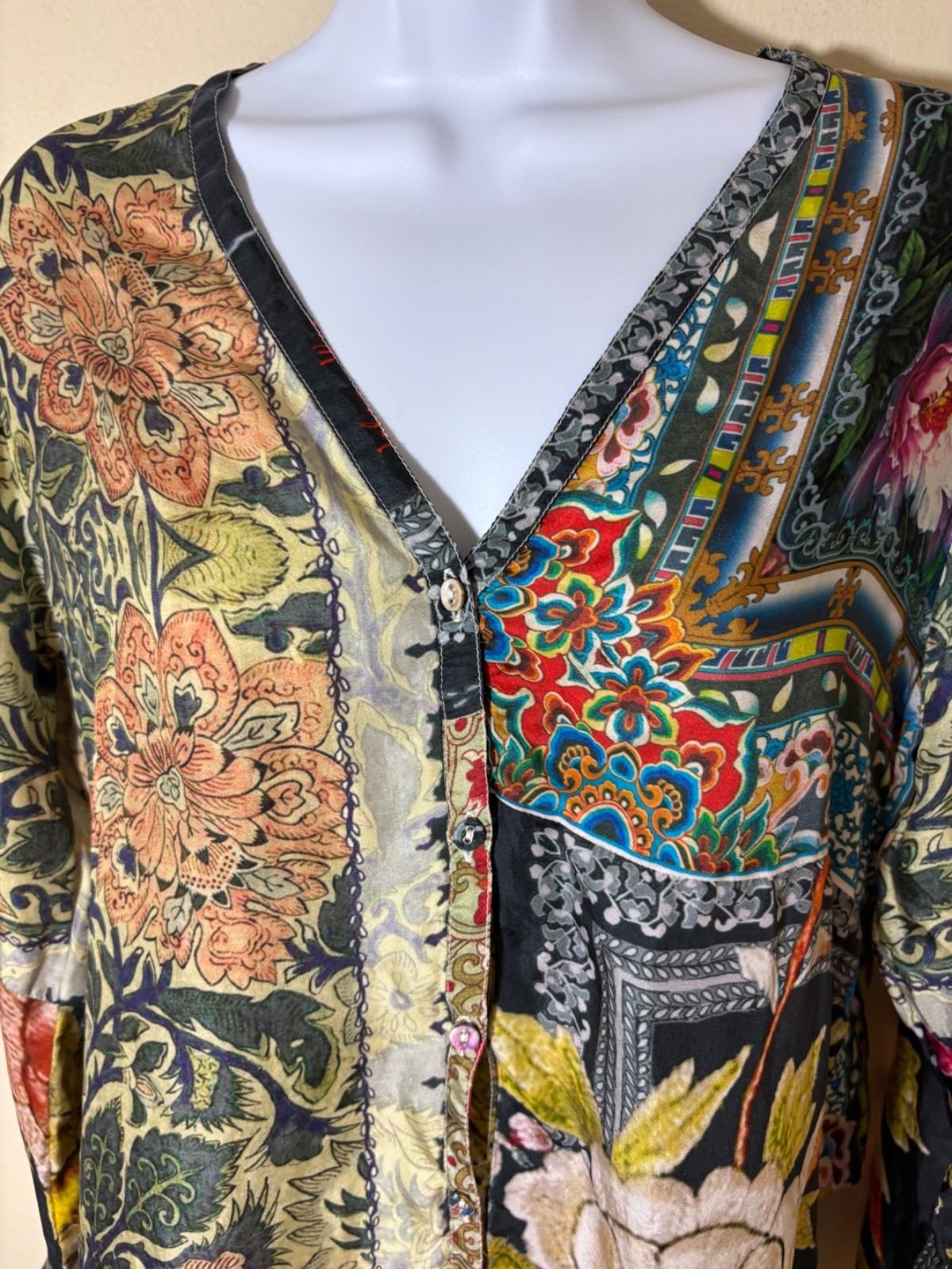 JOHNNY WAS Silk FLORAL PATCHWORK Art to Wear LAGENLOOK Boho TUNIC MINI Dress PS