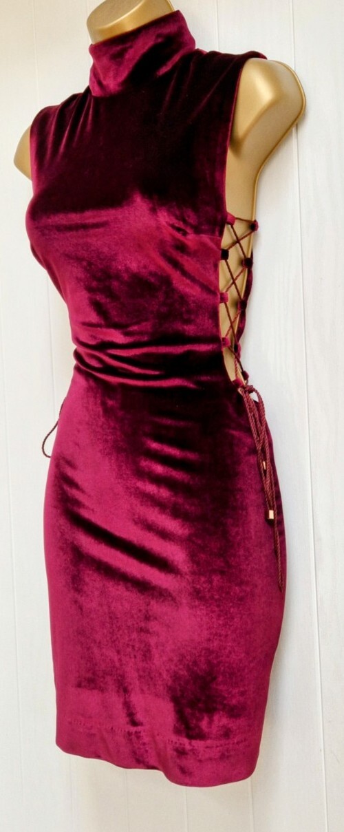 HOUSE OF CB Sukina Mulberry Velvet High Neck Laced Mini Evening Dress S UK 8 10