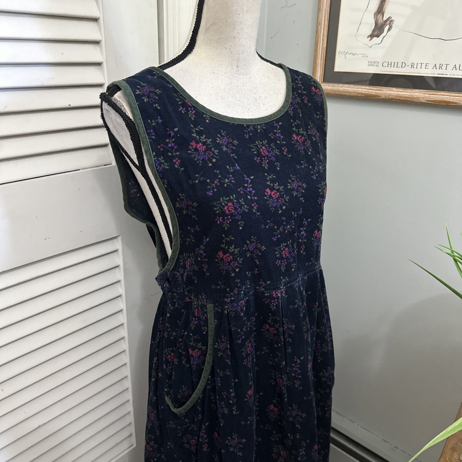 Vintage Erika & Co Overall Dress Medium Blue Corduroy Floral Midi 90s Boho Chic