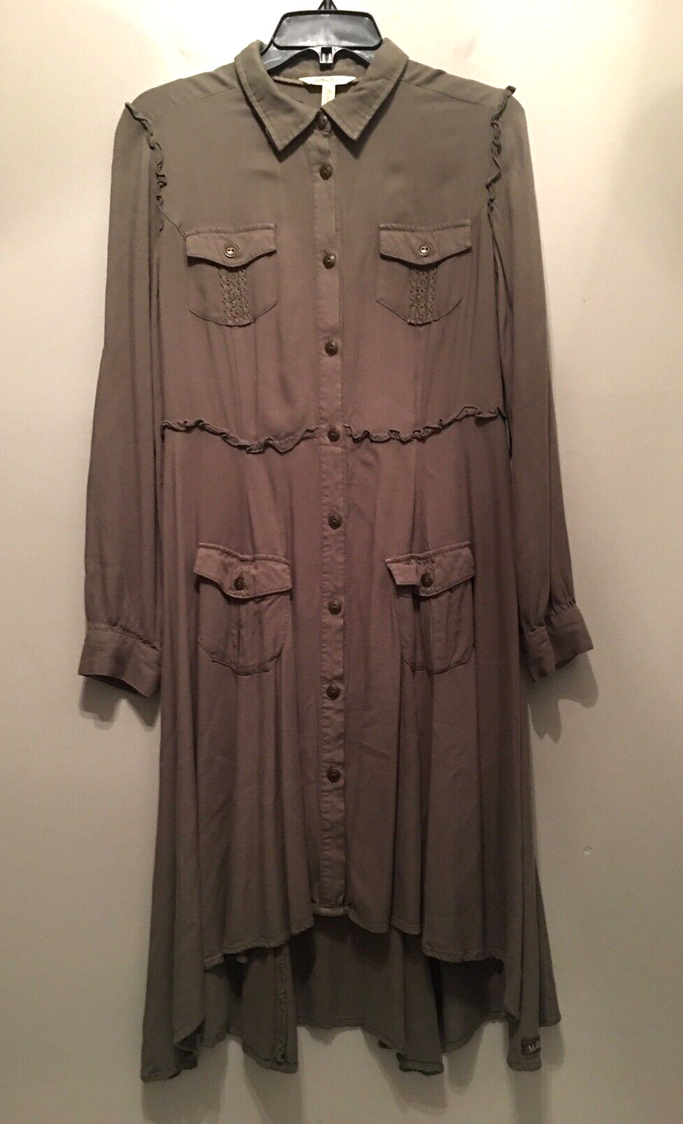 Matilda Jane Dress Button Women Medium Green Tree Canopy Roll Tab Slv Hi Lo Hem