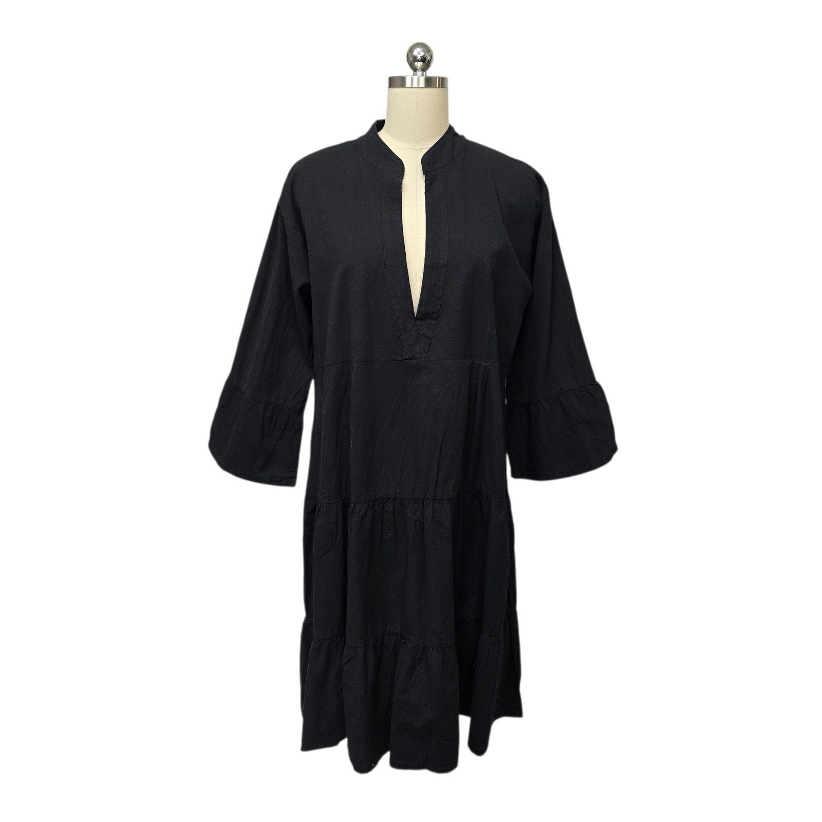 Tree of Life Nepal Black Cotton Tiered Boho V-Neck Bell Sleeve Midi Dress Large