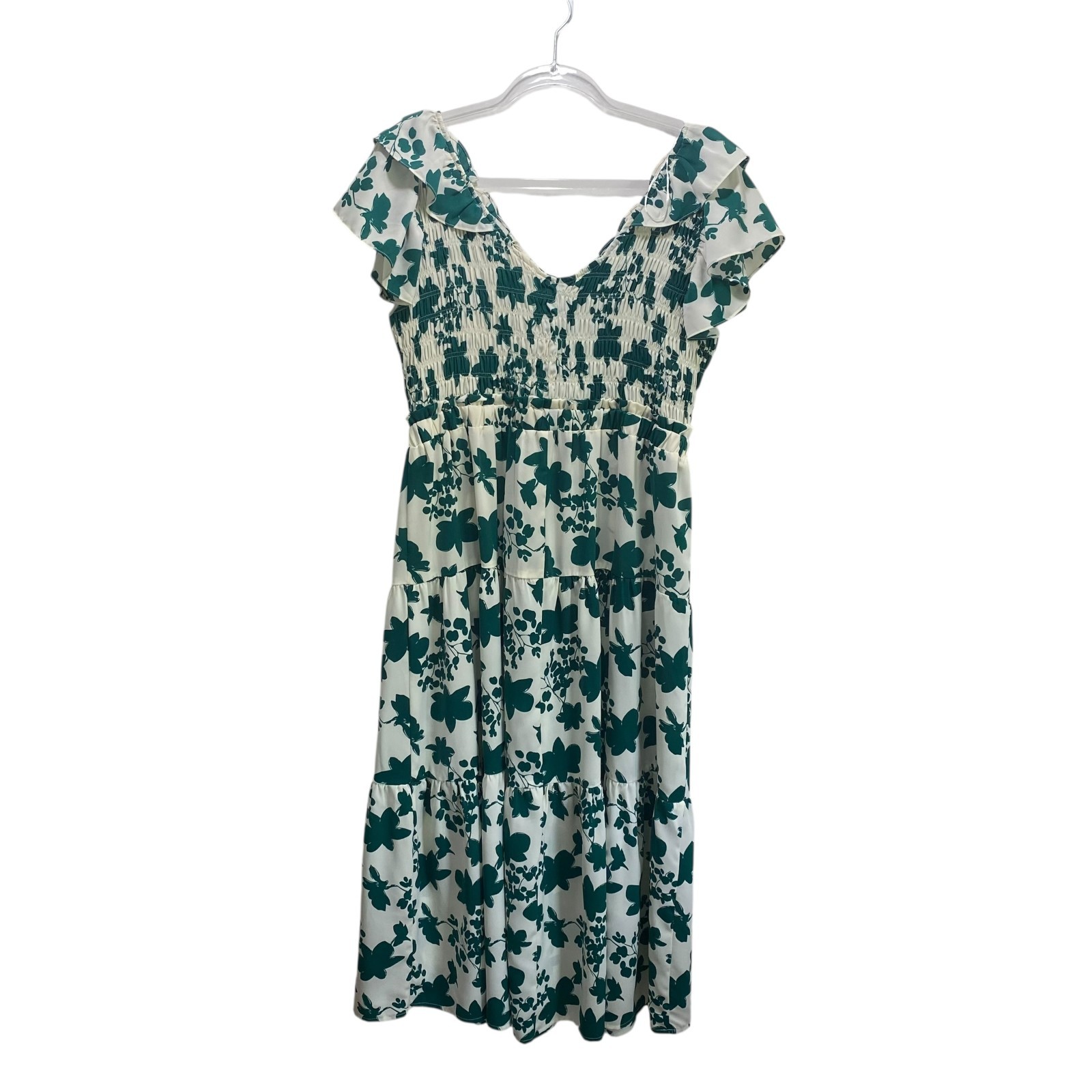 Umgee USA Midi Tiered Green Floral Dress Women LG Smocked Boho Fairycore Whimsy