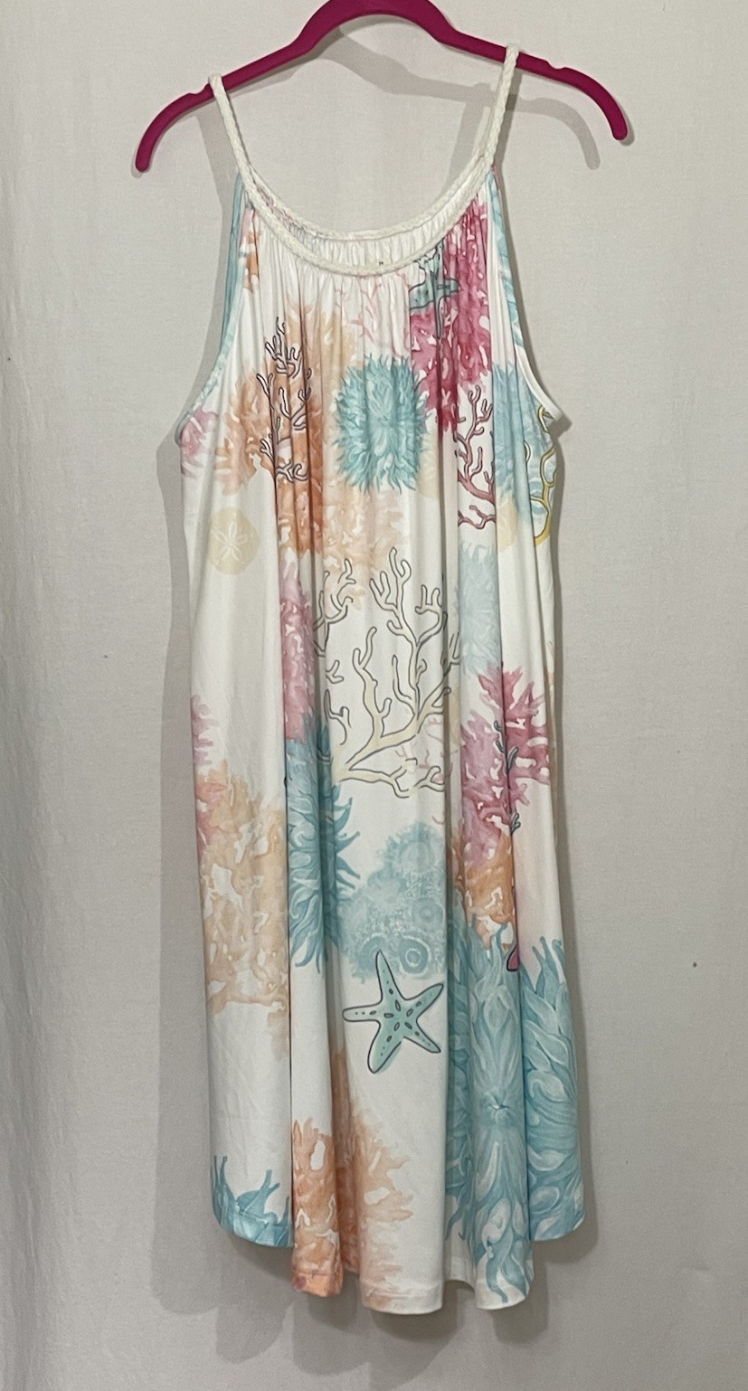 Indigo Soul Coral Sea Print Rope Trim Beach Midi Dress Coastal Grandma Vaca NWT