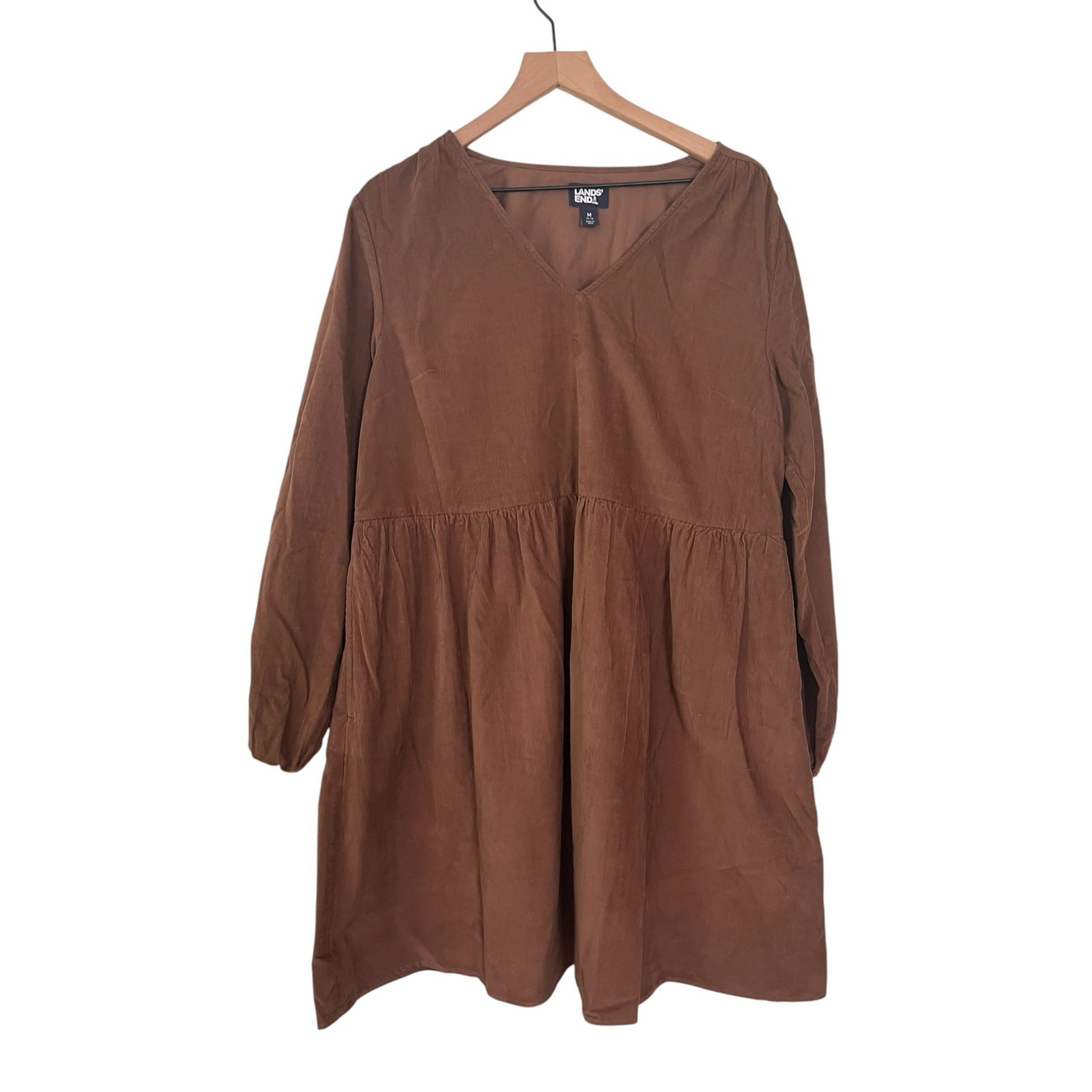 Lands End Womens Brown Pinwale Corduroy V Neck Long Sleeve Dress Size Medium