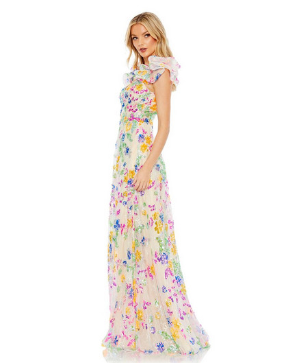 Mac Duggal 68068 Sequin Embellished Ruffle Sleeve Gown Multi Floral Size 0