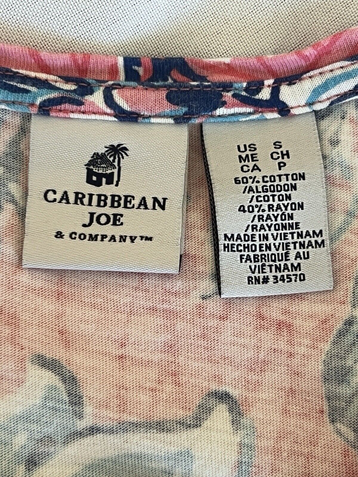 Caribbean Joe Dress 3/4 Rolled Sleeve Size Small Blue Pink Floral Cotton Blend