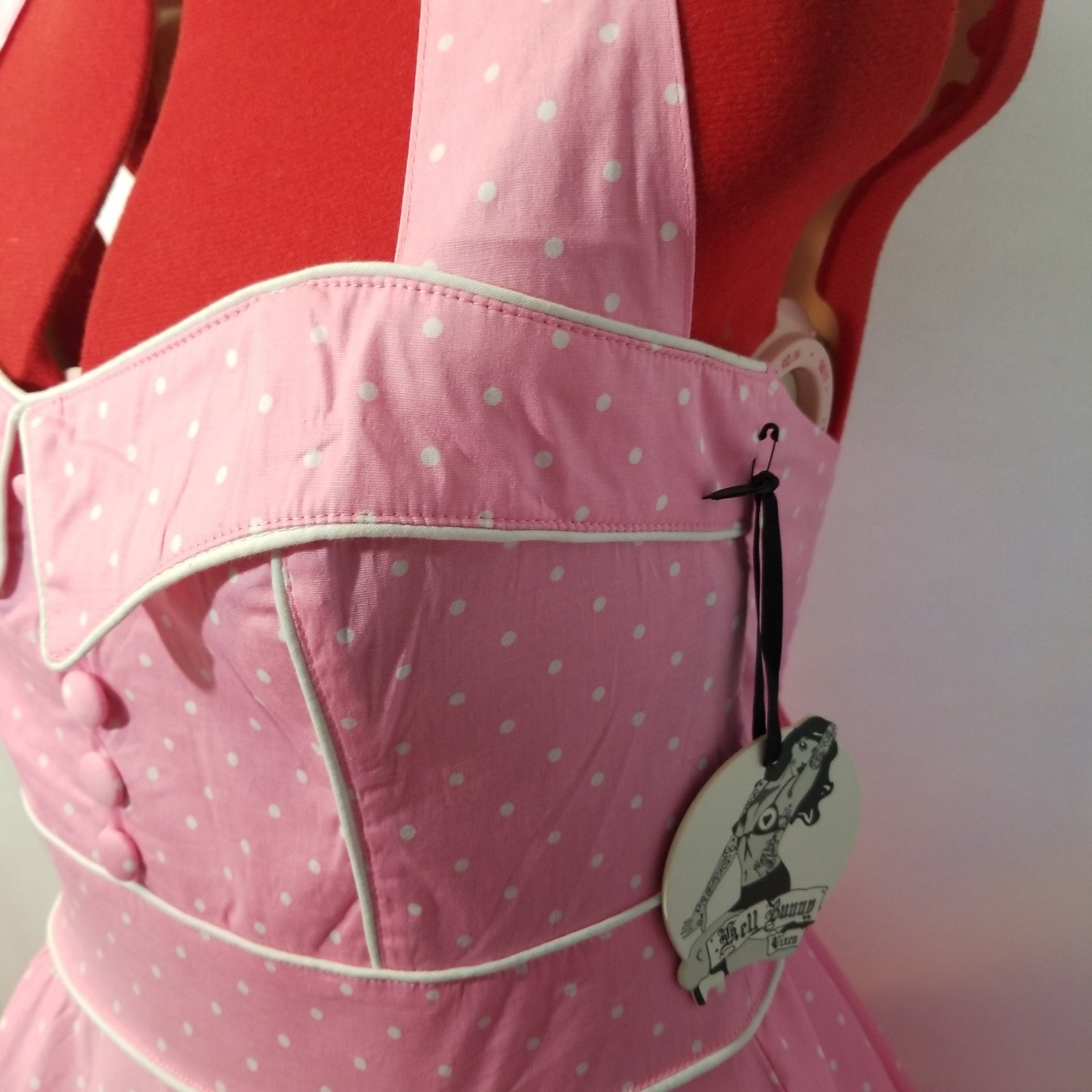 SMALL FLAWS Hell Bunny L Pink & White Polka Dots Halter Dress Rockabilly #2