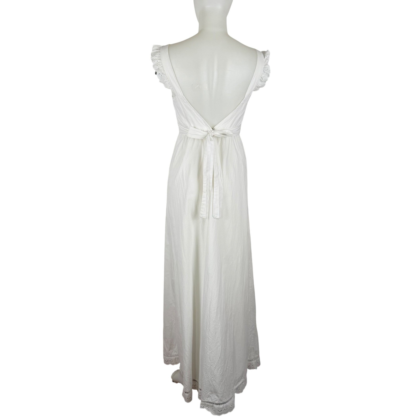 Vintage White Cotton Eyelet Lace Maxi Dress Embroidery V-Back Summer Boho XS