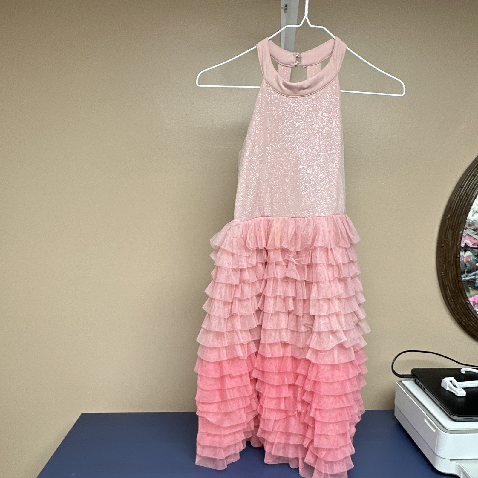 Women’s Pink Glitter High Neck Halter Ruffle Layered Tulle Dress S (bin3)
