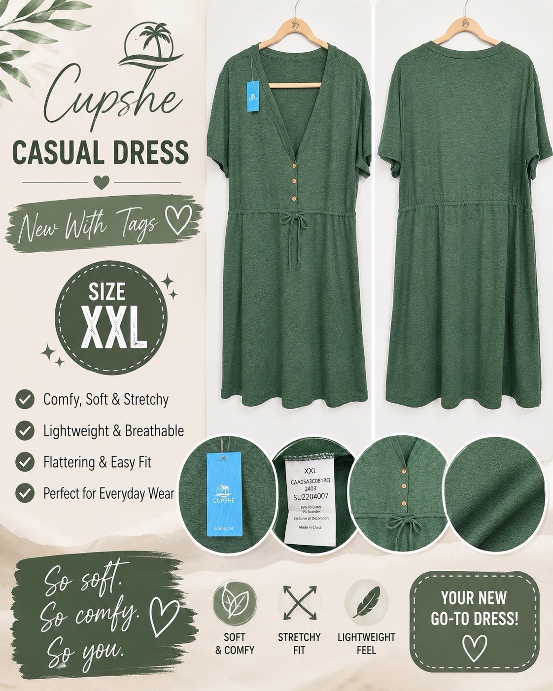 Cupshe Women’s XXL Green V-Neck Short Sleeve Button Drawstring Dress NWT