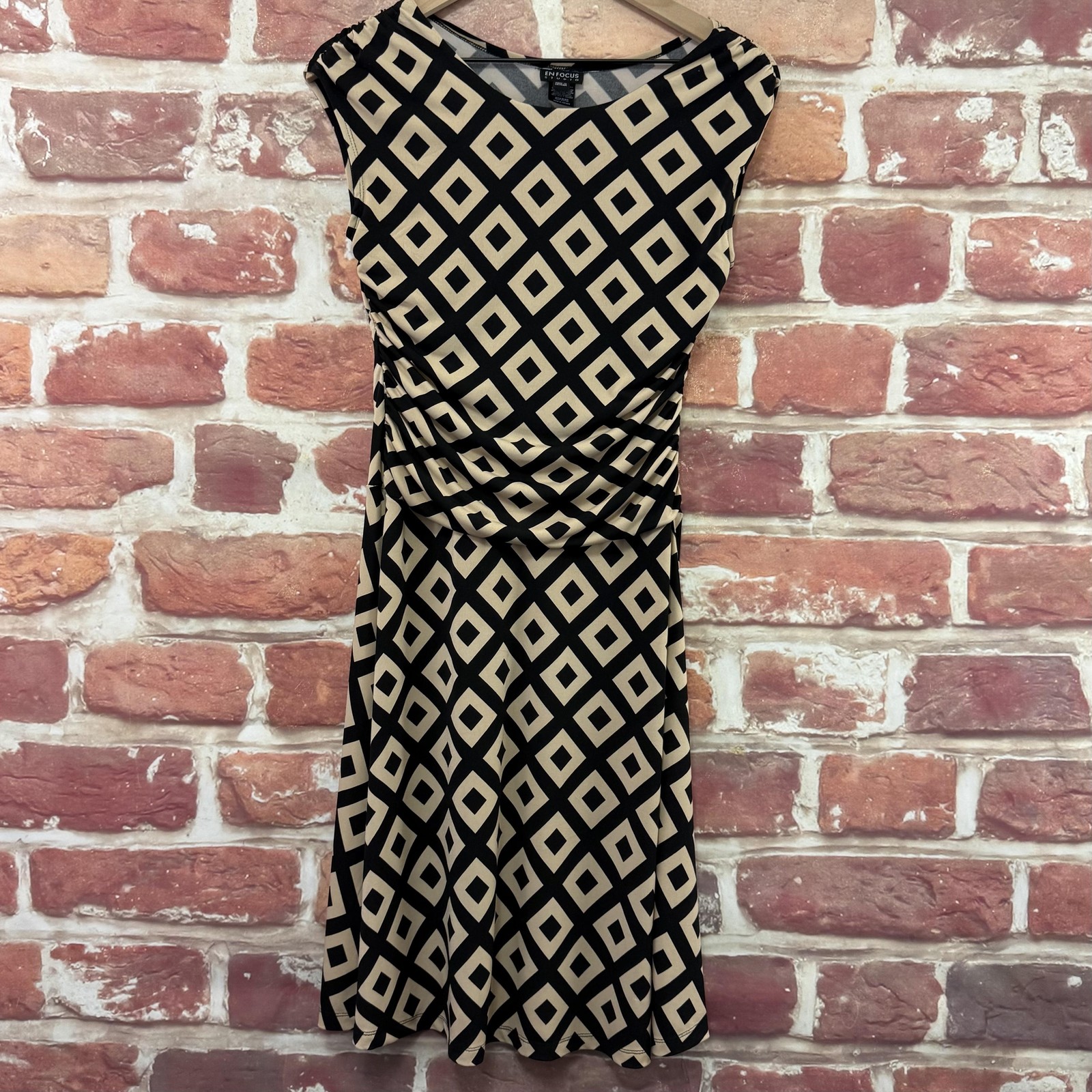En Focus Studio Dress Womens 6 Tan Black Diamond Abstract Ruched Casual Career
