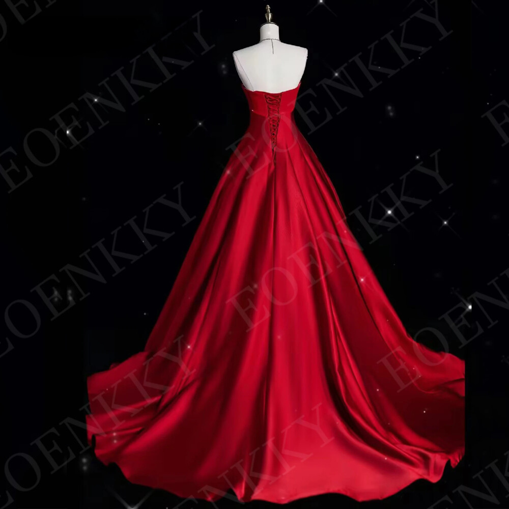 Satin Red Evening Dresses Lace-up Strapless A Line V Neck Burgundy Sweep Train