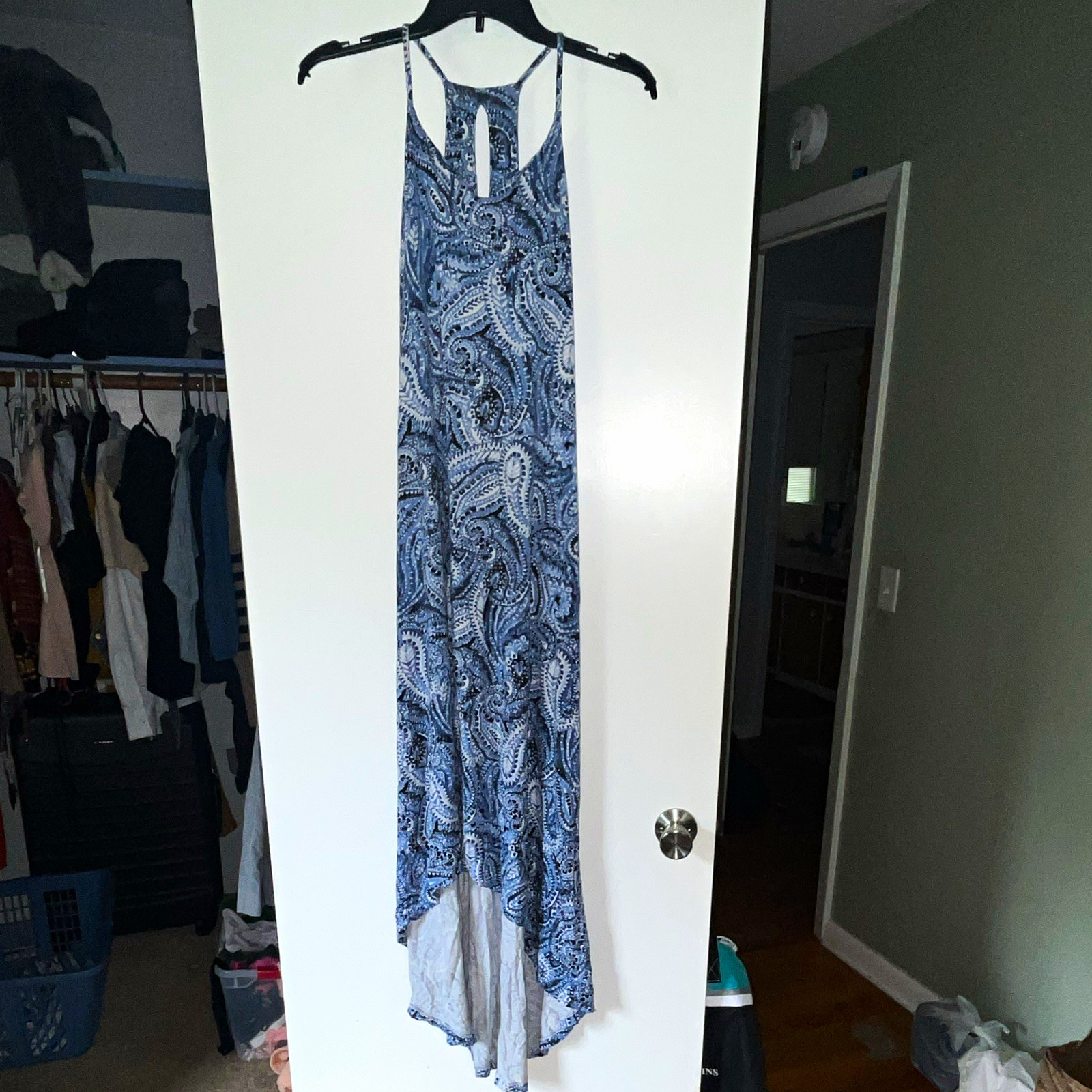 Cynthia Rowley S Maxi Dress Paisley Blue V-Neck Spaghetti Strap Stretch Hi-Low