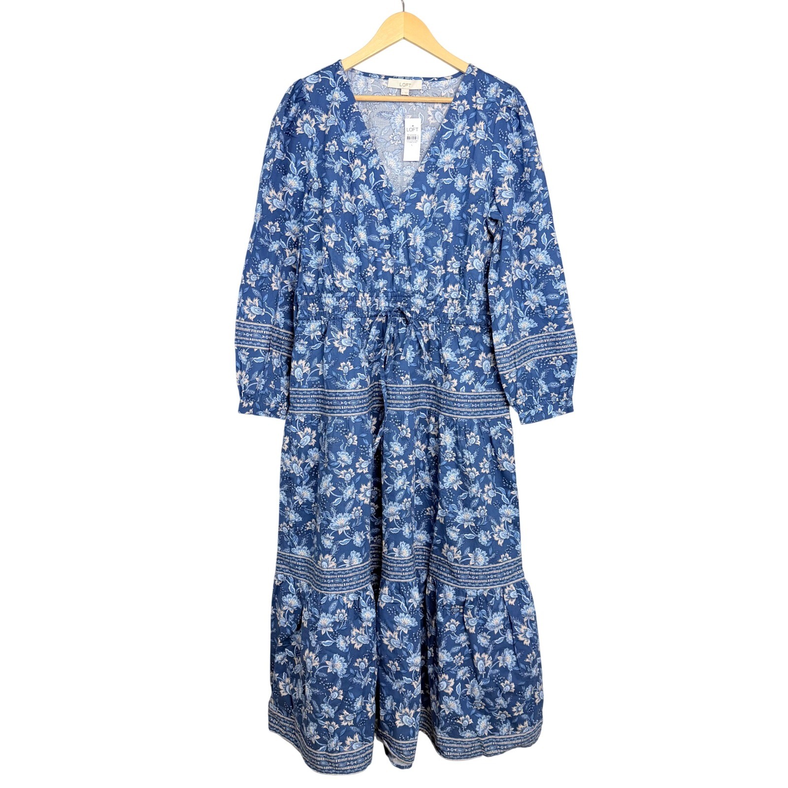LOFT Blue Cotton Blend Floral Tiered Maxi Dress Long Sleeve V-Neck Boho L NWT