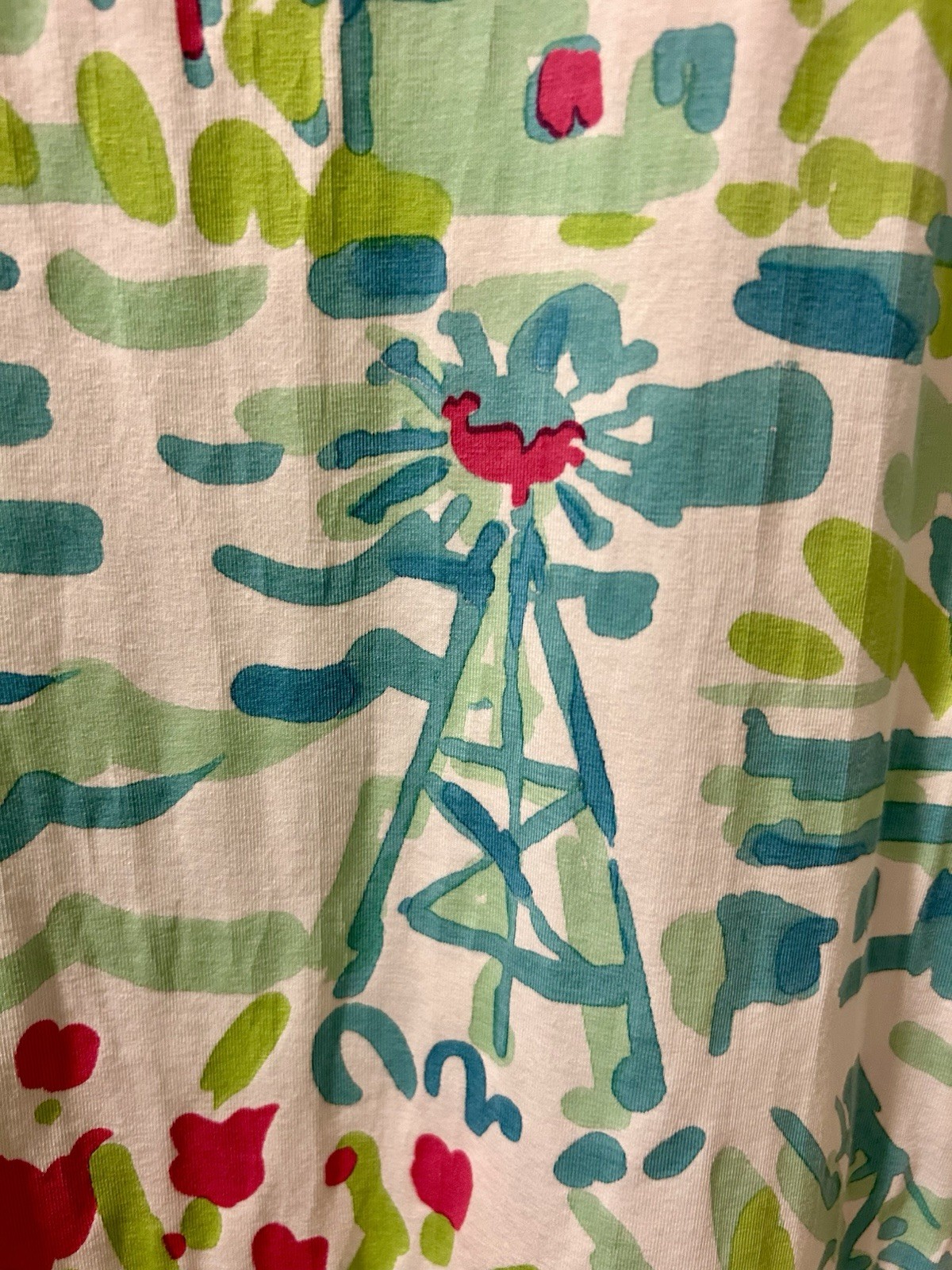 BARBARA GERWIT White Aqua Blue Green Pink Dress S Summer Holland Windmill Tulips