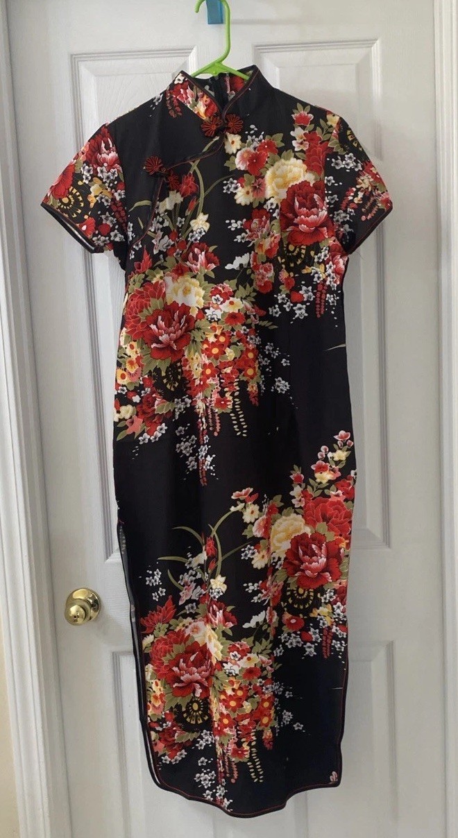 Chinese Style Red Floral Cheongsam Qipao Dress Short Sleeve Elegant Vtg Size-3XL